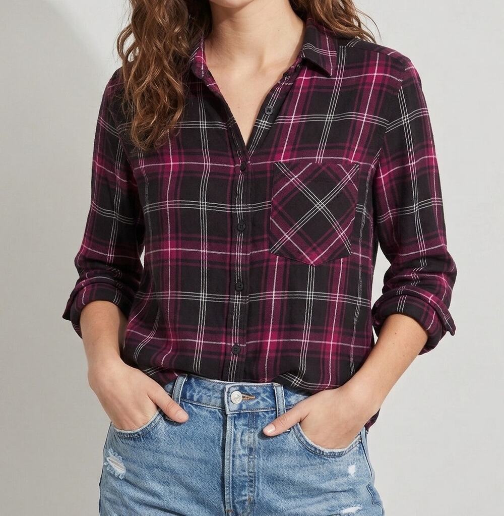 BLL beach lunch lounge Womens Button Front Small Purple Plaid